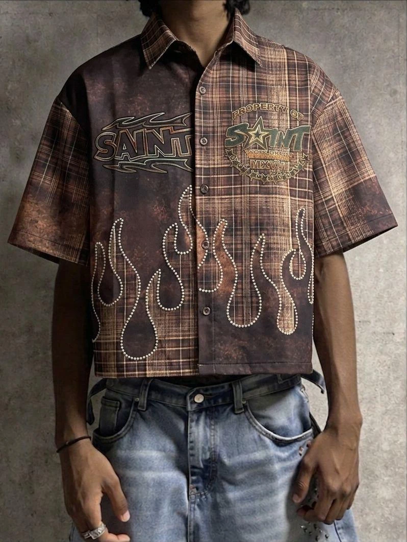 Men's & Unisex Blue Bleached Plaid Cropped Shirt - Rhinestone Flower Embellished Short Sleeve Button-Down for Stylish Streetwear