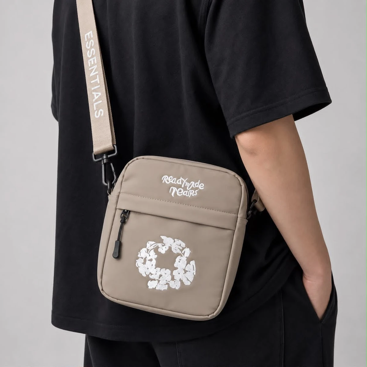 Essentials Khaki Crossbody Bag with Ready-made Tears Print - Stylish  Durable Shoulder Sling for Daily Essentials  Streetwear Look