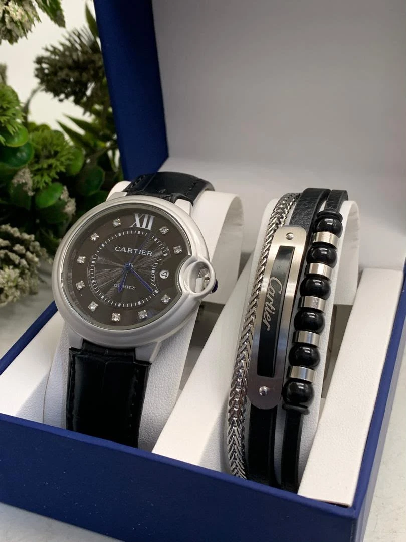 Original Cartier Premium Leather Men's Watch and Bracelets Set Gift Set - Quality Stainelss Steel Casing and Black Dail