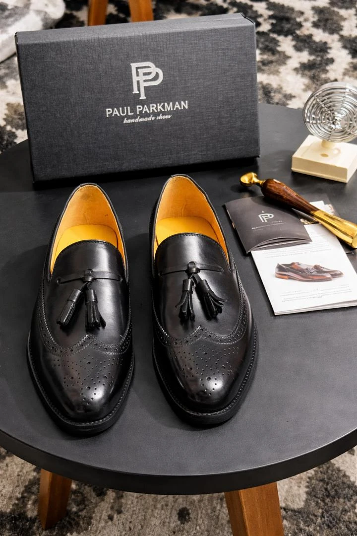 Men's Paul Parkman Premium Dark Brown Leather Tassel Loafers with Brogue Detailing - Handmade Dress Shoes for Sophisticated Style