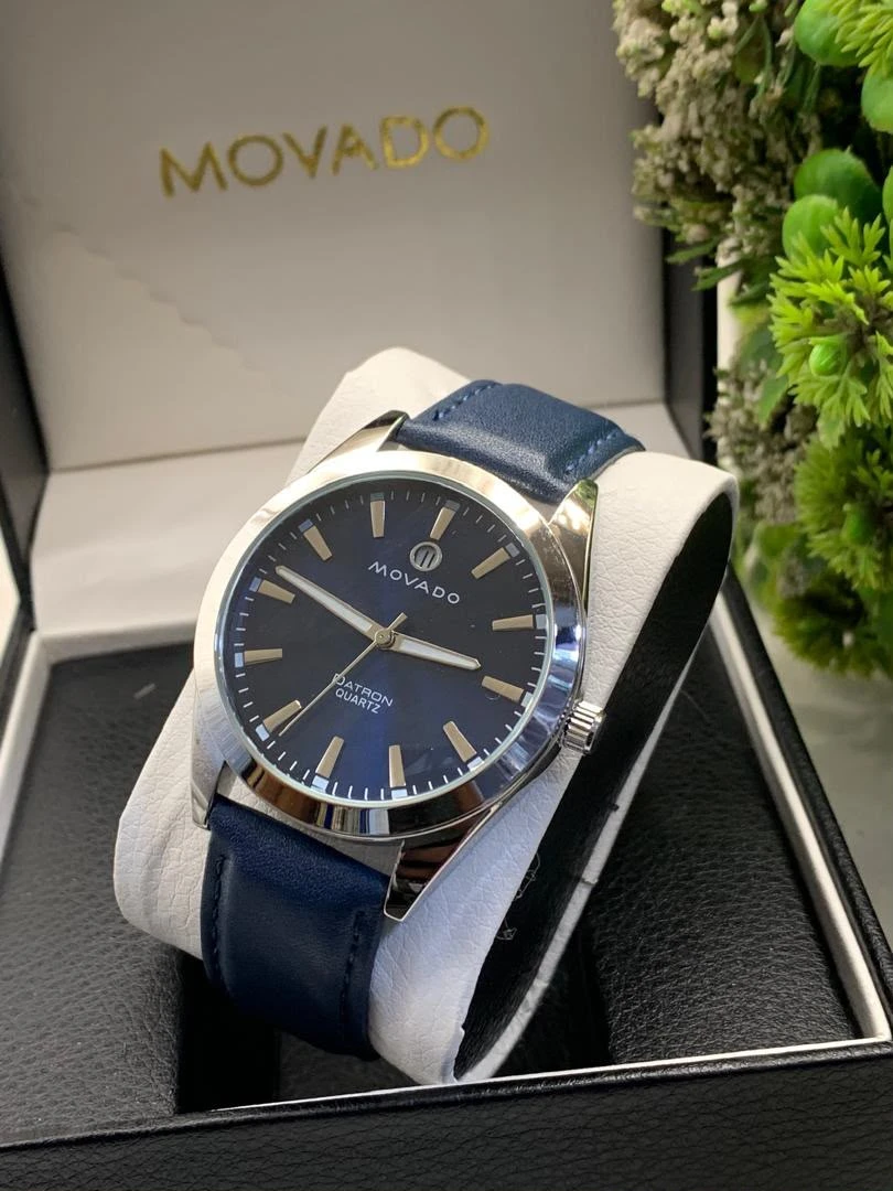 Movado Men's Classic Blue Dial Quartz Watch with Silver Case & Navy Leather Strap – Elegant Analog Timepiece for Sophisticated Style - Main View