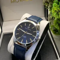 Movado Men's Classic Blue Dial Quartz Watch with Silver Case & Navy Leather Strap – Elegant Analog Timepiece for Sophisticated Style - View 1