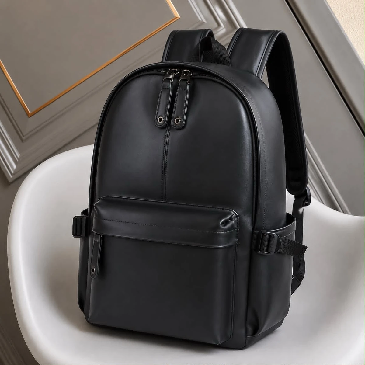 Sleek Black Faux Leather Backpack for Men  Women – Stylish Everyday Laptop Travel Bag