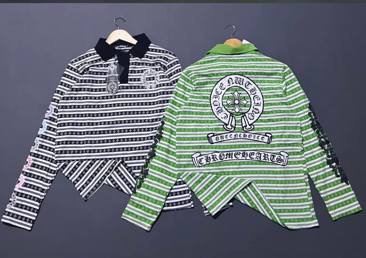 Unisex Striped Long Sleeve Polo Shirt with Chrome Hearts Inspired Cross Pattern & Unique Split Hem – Casual Fashion Top for Men & Women