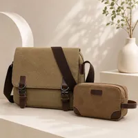 2 in 1 Men's Durable Canvas Shoulder Messenger Bag and Matching Toiletry Pouch Set - Vintage Style Crossbody Shoulder Bag for Work, Travel Everyday - View 2