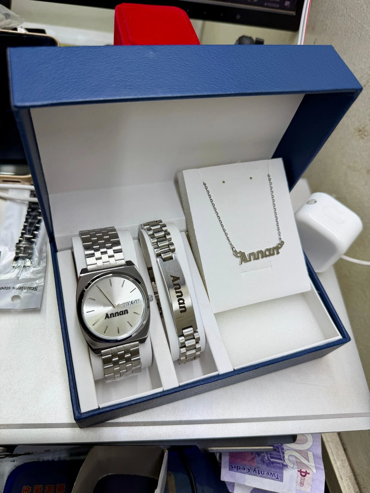 Personalized Men's Silver-Tone Watch, Engraved Bracelet & Custom Name Necklace Gift Set - Unique Stainless Steel Anniversary & Birthday Present for Him