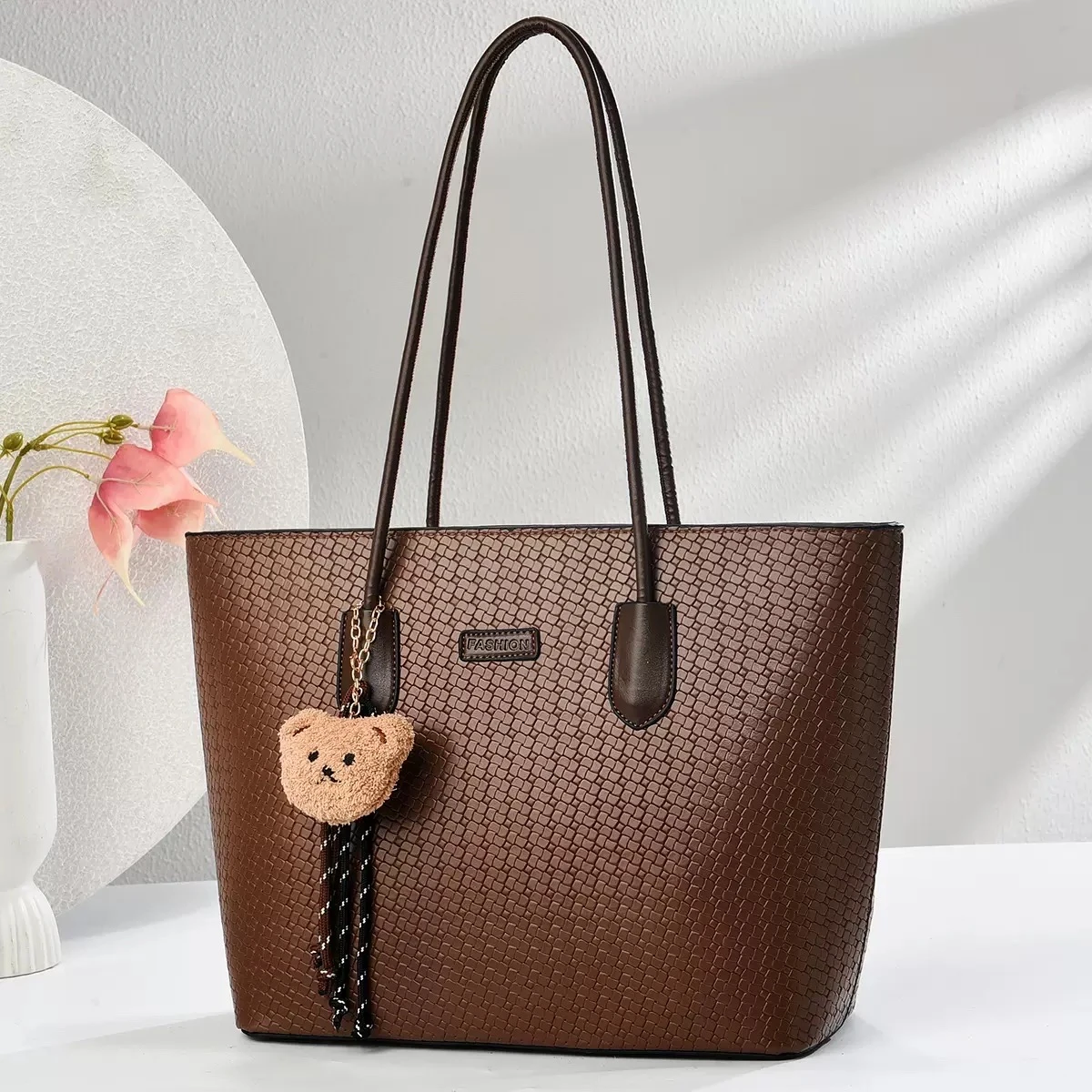 Women's Chic Brown Textured Tote Bag with Adorable Teddy Bear Charm - Fashionable Shoulder Handbag for Everyday Style & Versatility