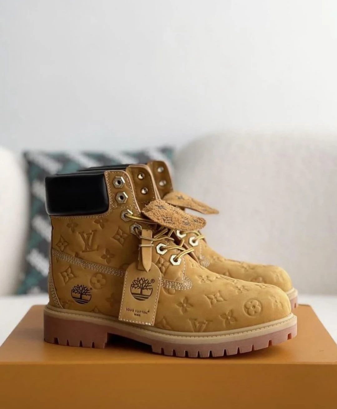 Original Yellow Leather Timberland Luxury LV Embossed Monogram Boots - High-Fashion Streetwear Style Work Boot - Main View