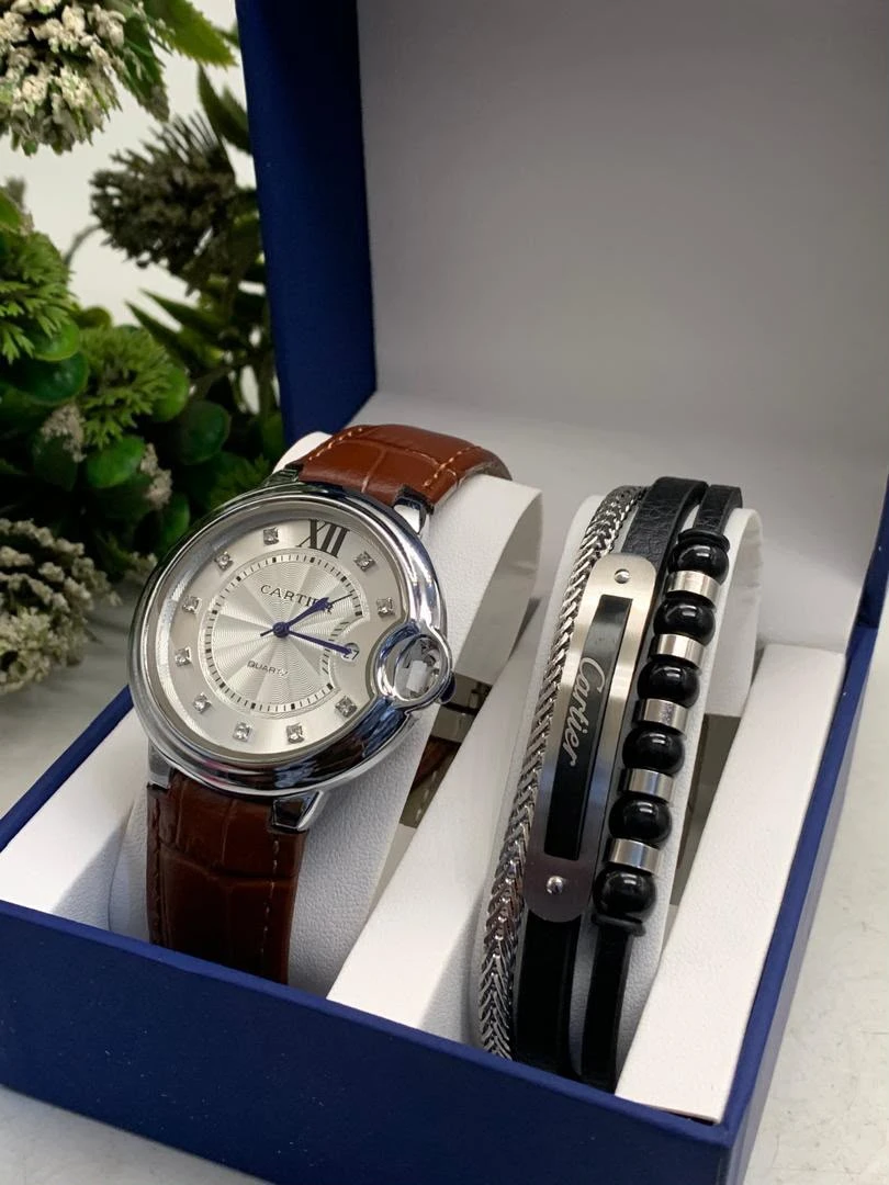 Cartier Men's Elegant Quartz Watch & Multi-Layer Bracelet Gift Set | Classic Roman Silver Dial, Black Leather Strap, Modern Engraved Design