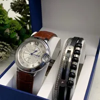 Cartier Men's Elegant Quartz Watch & Multi-Layer Bracelet Gift Set | Classic Roman Silver Dial, Black Leather Strap, Modern Engraved Design - View 3