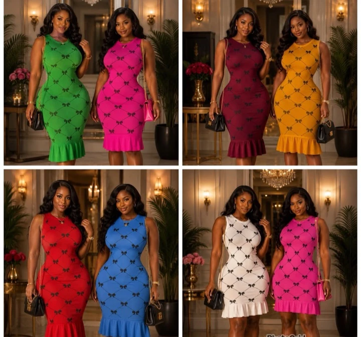 Women's Trendy Bow Pattern Sleeveless Bodycon Dress - Elegant Ruffle Hem Knit Midi in Vibrant Colors for Stylish Everyday & Party Chic - Main View