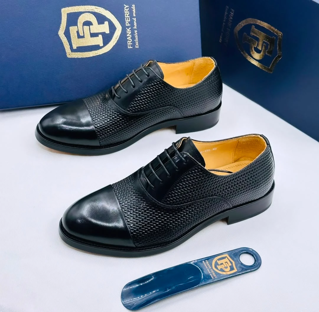 Frank Perry Men's Executive Black Textured Leather Cap-Toe Oxford Dress Lace Shoes - Premium Formal Footwear