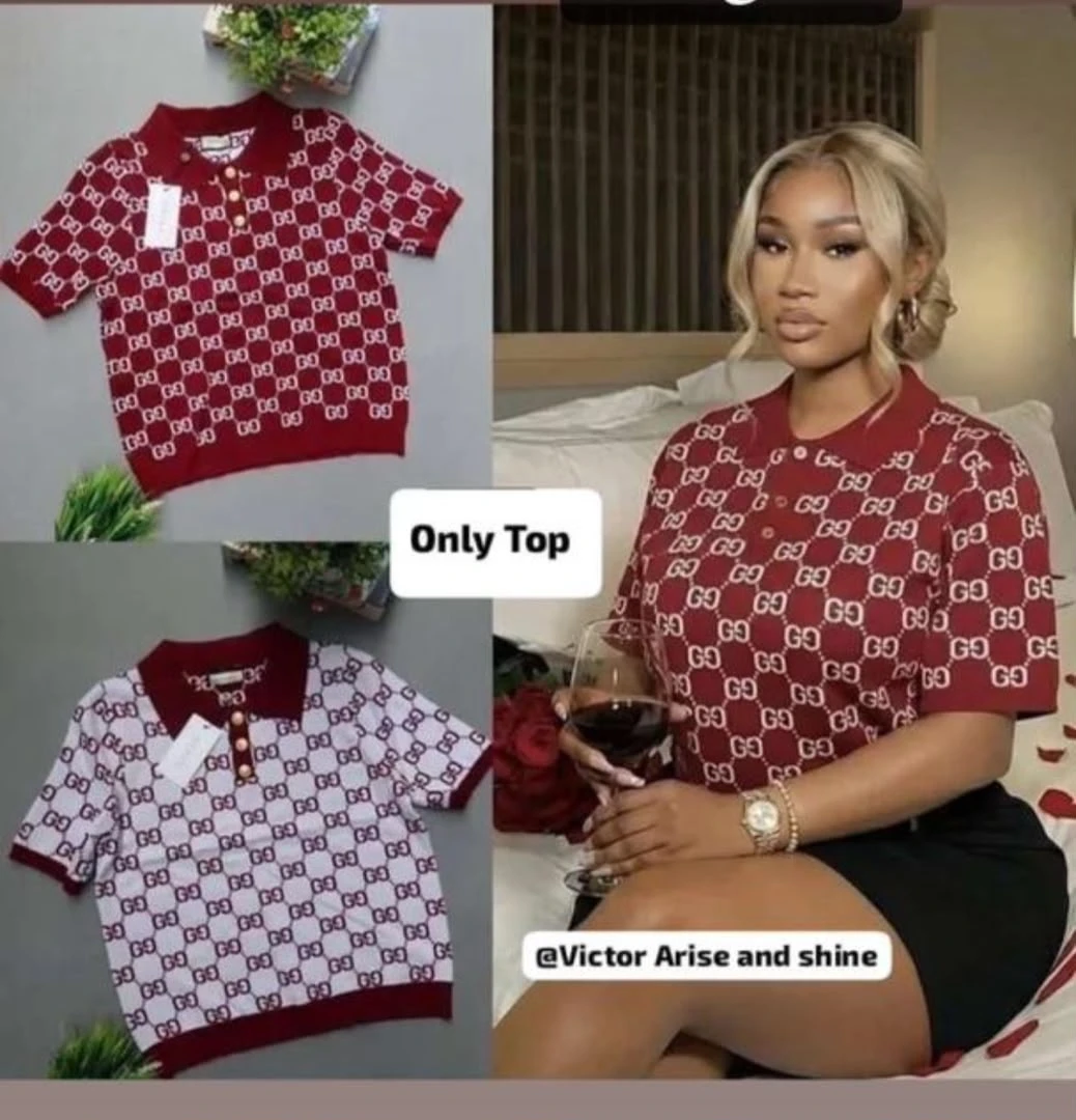 Women's Fashion Monogram Knit Polo Shirt - Elegant Short Sleeve Designer-Inspired Top in Red or White for Casual Chic Style - Main View