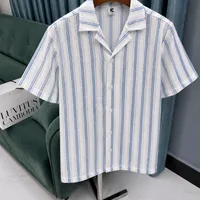 Men's Coastal Vibe Textured Stripe Camp Collar Short Sleeve Shirt - White & Blue Relaxed Summer Top - View 2
