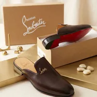 Men's Christian Louboutin Brown Leather Slip-On Mules - Luxury Backless Loafers for Sophisticated Ghanaian Style & Comfort - View 2