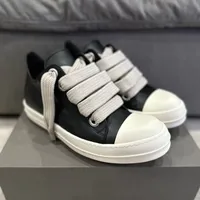 Rick Owens DRKSHDW Black and White Leather Low-Top Sneakers with Chunky Jumbo Grey Laces Stylish Fashion Streetwear Shoes - View 2