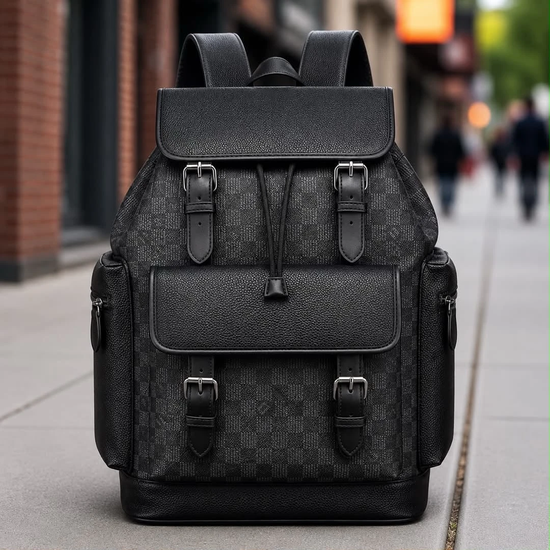 Canvas Leather Black Backpack Bag- Stylish Faux Leather Drawstring  Buckle Flap Daypack for Travel, Work, School  Everyday Use - Durable  Trendy Commuter Bag