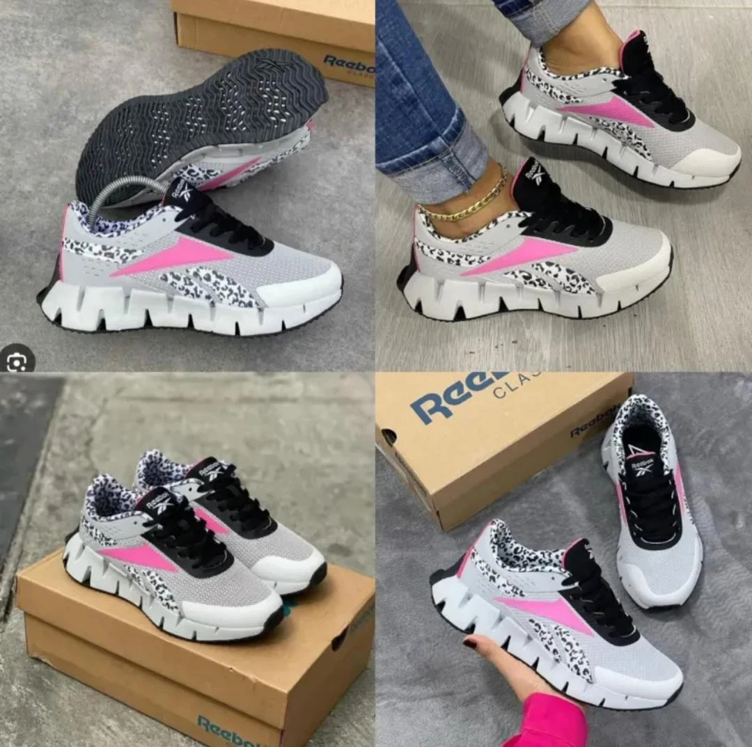 Women's Reebok Zig Kinetica Style Leopard Print & Pink Accent Lifestyle Sneakers - Grey & Black Running Shoes for Comfort & Style
