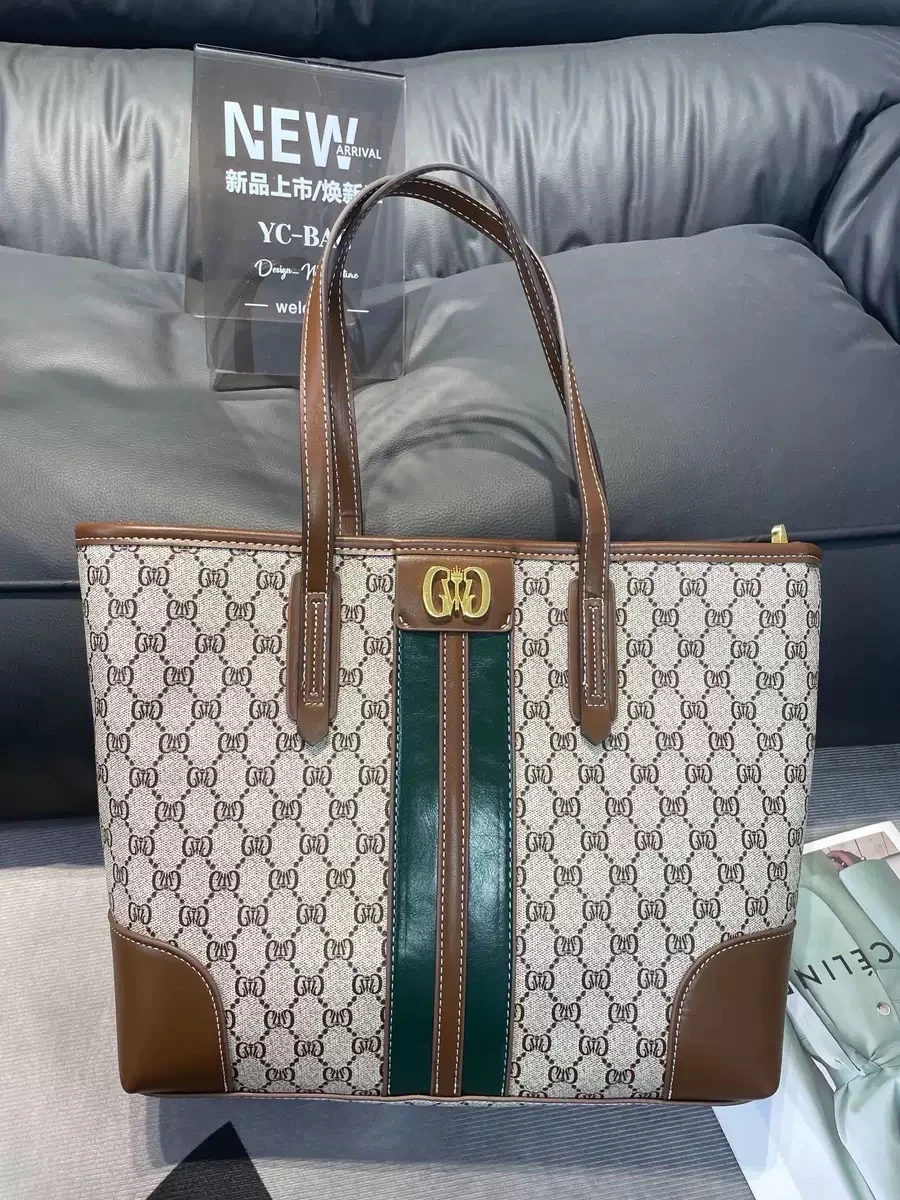 Women's Elegant Monogram Tote Bag with Signature Green Stripe & Brown Trim – Versatile Shoulder Handbag for Daily Chic