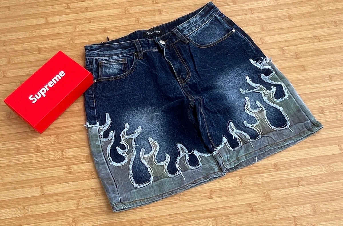 Men's Trendy Distressed Ragged Blue Denim Jeans Shorts with Flame Print Design – Streetwear Casual Fit