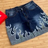 Men's Trendy Distressed Ragged Blue Denim Jeans Shorts with Flame Print Design – Streetwear Casual Fit - View 1