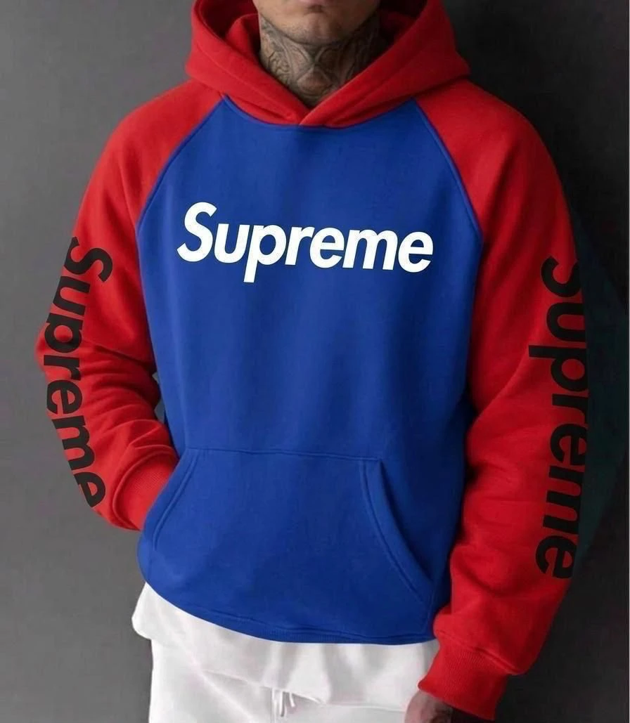 Men's Vibrant Supreme Raglan Hoodie - Eye-Catching Blue & Red Color Block Pullover with Iconic Logo Sleeves for Modern Streetwear