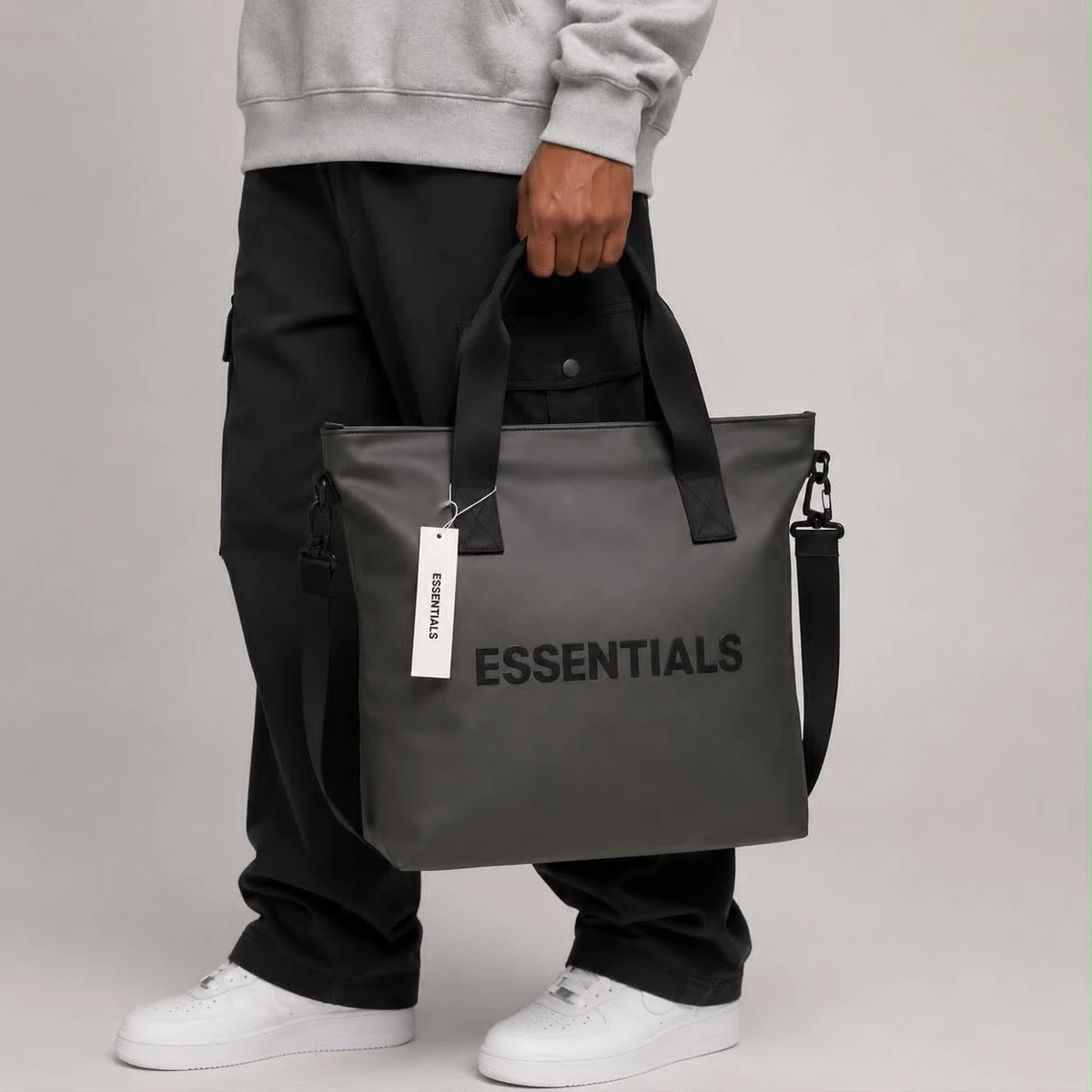 Essentials Unisex Dark Grey Water-Resistant Tote Bag and Modern Streetwear Carryall with Detachable Shoulder Strap Laptop Bag - Main View