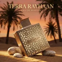 Terra Rayhaan Luxury Unisex Eau de Parfum – Exquisite Desert-Inspired Fragrance with Intricate Geometric Gold Bottle Design, Long-Lasting Scent for Sophisticated Style - View 1