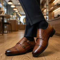 Paul Parkman Men's Brown Crocodile Embossed Double Monk Strap Leather Dress Shoes - Elegant Formal Footwear - View 3
