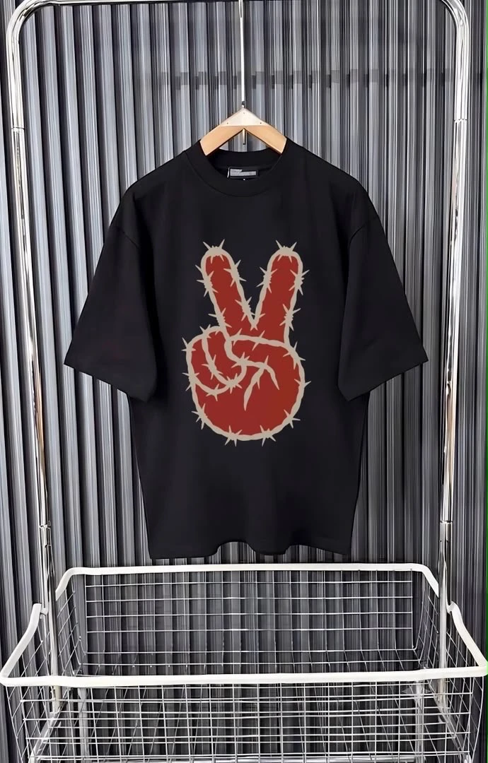 Quality 350g Edgy Big Size Barbed Wire Peace Sign Graphic T-Shirt - Oversized Black Streetwear Tee for Unisex