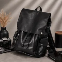 Premium Black PU Leather Flap Backpack Bag – Stylish Drawstring Rucksack with Multiple Pockets for Business, Travel  Daily Use - View 3