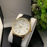 Fossil Men's Elegant Genuine Leather Strap with Stainless Steel Case White Dial Men's Analogue Wrist Watch with Roman Numerals and Date Display - View 3
