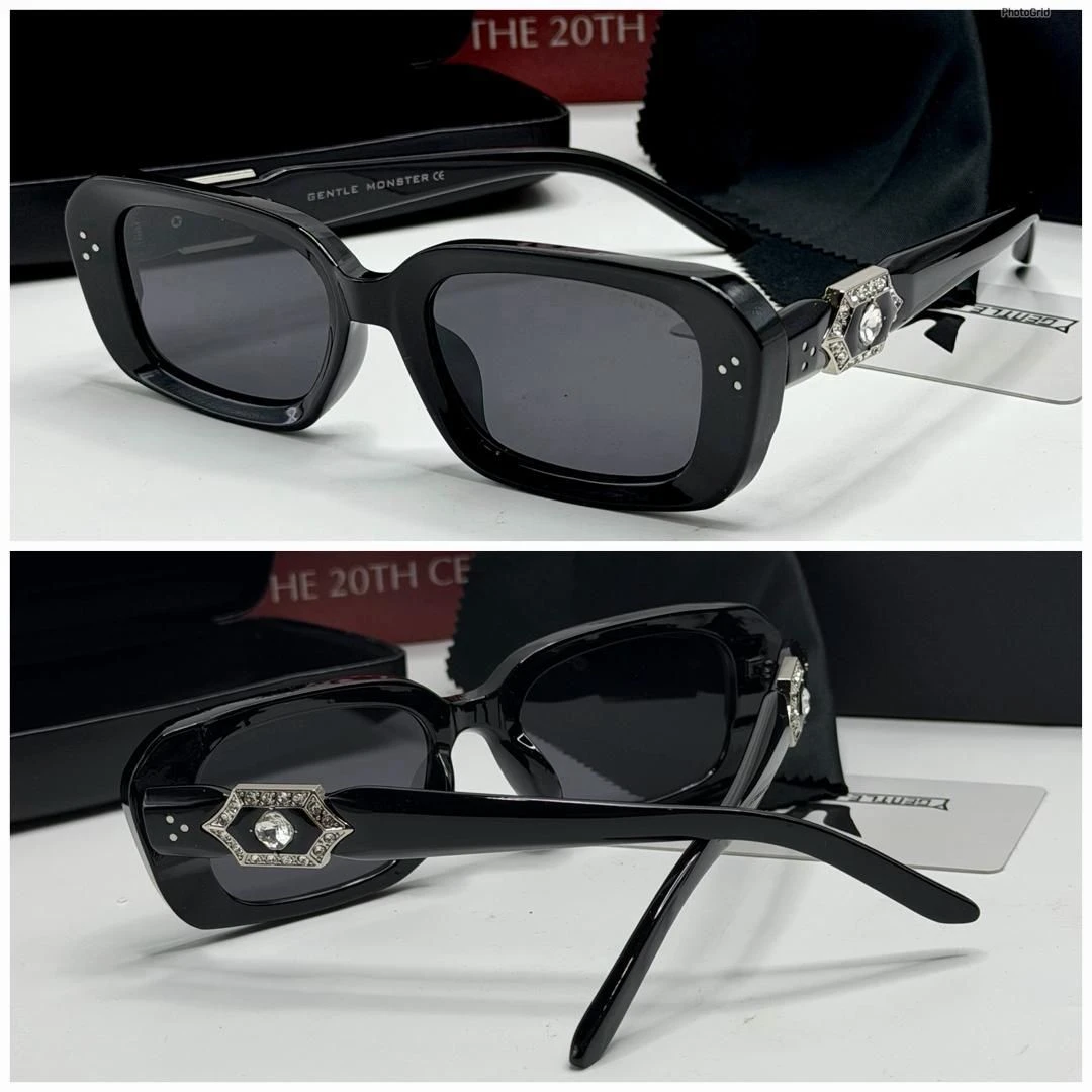 Gentle Monster Unisex Chic Black Rectangular Sunglasses with Crystal Embellishment – Premium UV Protection Eyewear for Fashion-Forward Style