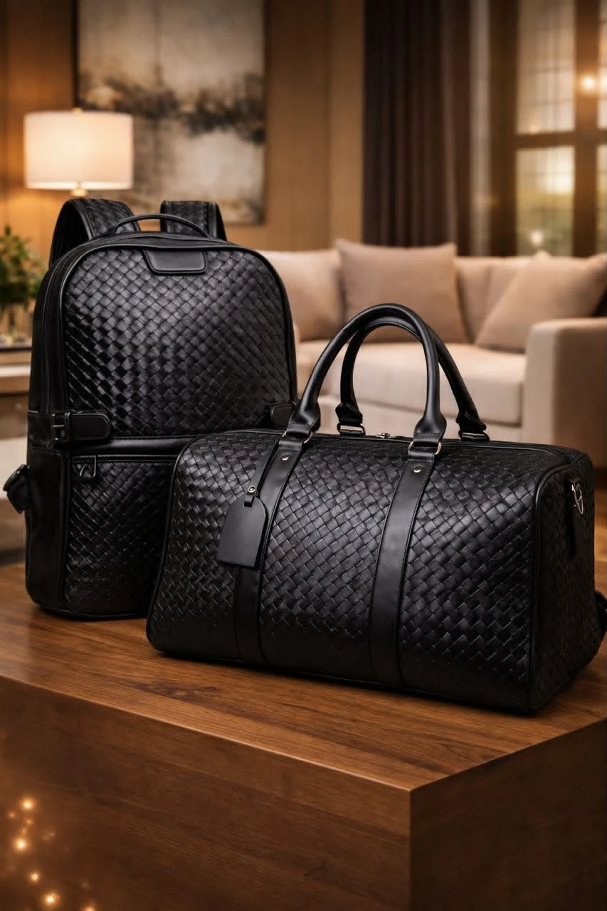 2 in 1 Men's Luxury Black Woven Leather Travel Set Stylish Backpack and Spacious Duffel Bag for Business Trips, Weekend Getaways, Travel and Carry on