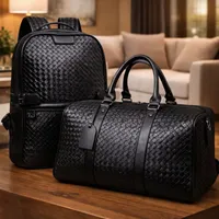 2 in 1 Men's Luxury Black Woven Leather Travel Set Stylish Backpack and Spacious Duffel Bag for Business Trips, Weekend Getaways, Travel and Carry on - View 1