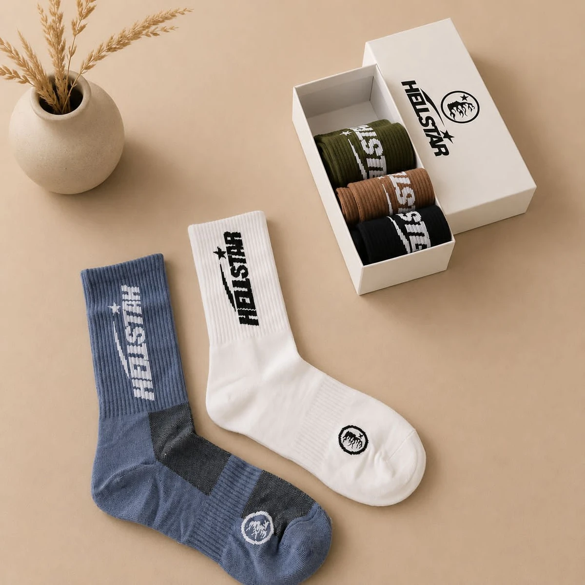 Hellstar Unisex Premium Crew Socks 5-Pack Gift Set Comfortable Stylish Cotton Blend Athletic and Casual Socks for Daily Wear
