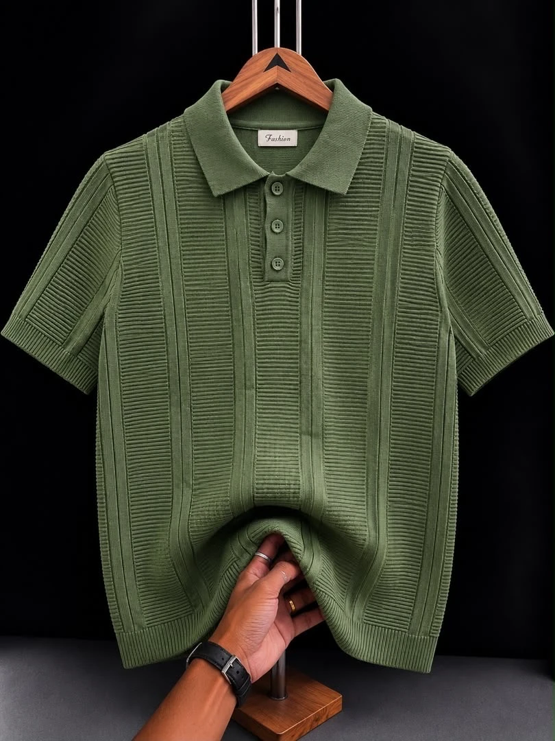 Men's Premium Olive Green Knitted Ribbed Polo Shirt - Short Sleeve, Breathable, Elegant Casual Wear