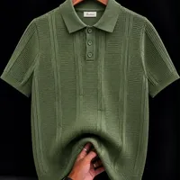 Men's Premium Olive Green Knitted Ribbed Polo Shirt - Short Sleeve, Breathable, Elegant Casual Wear - View 1