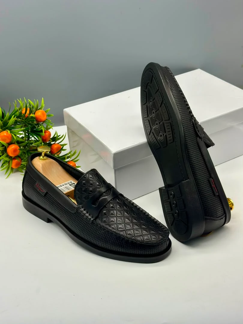 Men's Classic Black Perforated Quilted Leather Penny Loafers - Stylish Slip-On Dress Shoes for Formal & Smart Casual Wear