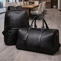 2 in 1 Men's Luxury Black Woven Leather Travel Set Stylish Backpack and Spacious Duffel Bag for Business Trips, Weekend Getaways, Travel and Carry on - View 2