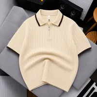 Men's Smart Casual Knitted Quarter-Zip Polo Shirt with White Tipped Collar and Cuffs  Premium Short Sleeve Cable Knit Top for Casual Luxury Looks - View 2