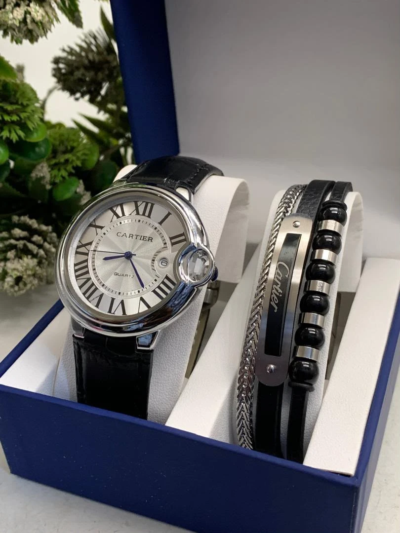 Cartier Men's Elegant Quartz Watch & Multi-Layer Bracelet Gift Set | Classic Roman Silver Dial, Black Leather Strap, Modern Engraved Design - Main View