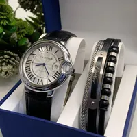 Cartier Men's Elegant Quartz Watch & Multi-Layer Bracelet Gift Set | Classic Roman Silver Dial, Black Leather Strap, Modern Engraved Design - View 1