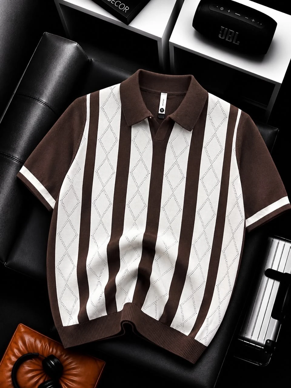 Men's Classic Brown  White Diamond Perforated Stripe Knit Polo Shirt – Premium Short Sleeve Collared Top