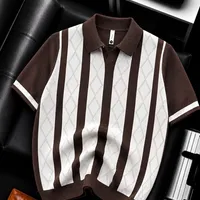 Men's Classic Brown  White Diamond Perforated Stripe Knit Polo Shirt – Premium Short Sleeve Collared Top - View 1