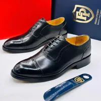Frank Perry Men's Black Leather Cap-Toe Brogue Oxford Dress Shoes - Elegant Formal Lace-Up Footwear for Business, Weddings & Special Occasions - View 1