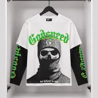 Men's & Unisex Godspeed Skull Balaclava Graphic Layered Long Sleeve T-Shirt – Edgy Red & White Streetwear Crew Neck Tee with Bold Text Print - View 2