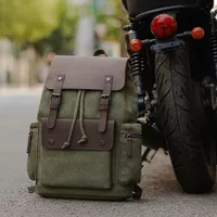 Quality Vintage Navy Blue and Green Demin and Canvas Brown Faux Leather Backpack - Stylish Retro Rucksack for Travel, School,  Everyday Adventures - View 2