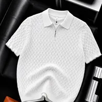 Men's Stylish White  and Brown Textured Knit Polo Shirt with Half-Zip Collar - Modern Short Sleeve Designer Top for Casual Smart Outfits - View 1