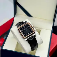 Cartier Men's Elegant Silver-Tone Square Watch with Black Croc-Embossed Leather Strap, White Textured Dial & Date Display – Luxury Classic Timepiece for Gentlemen - View 3